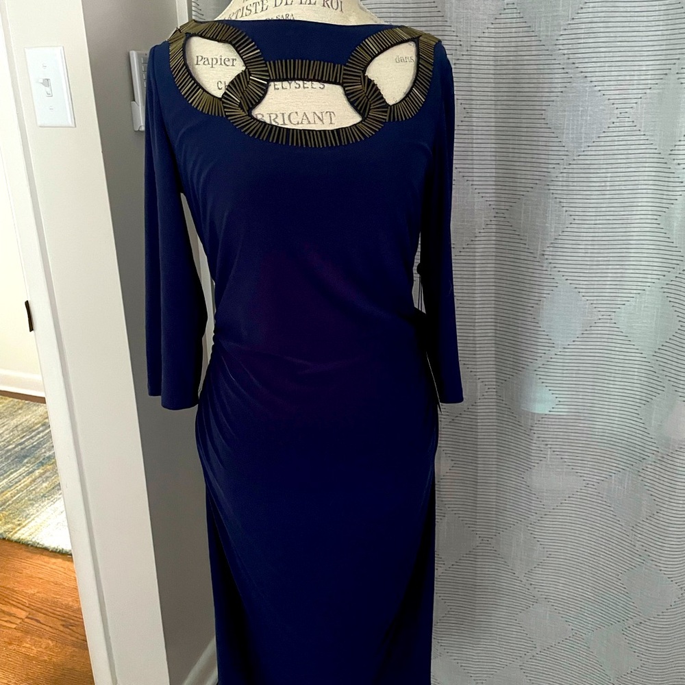 NWT Adrianna Papell Navy Beaded-Neck Dress